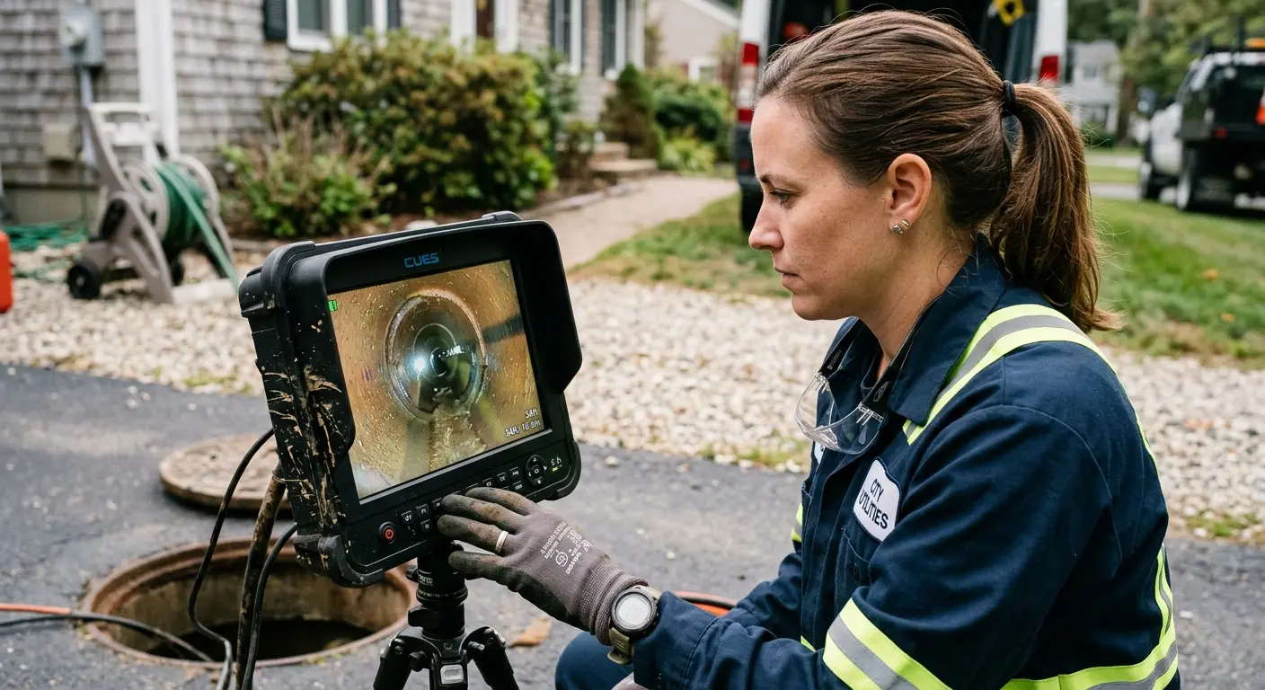 Technician reviewing sewer camera inspection footage in Patterson