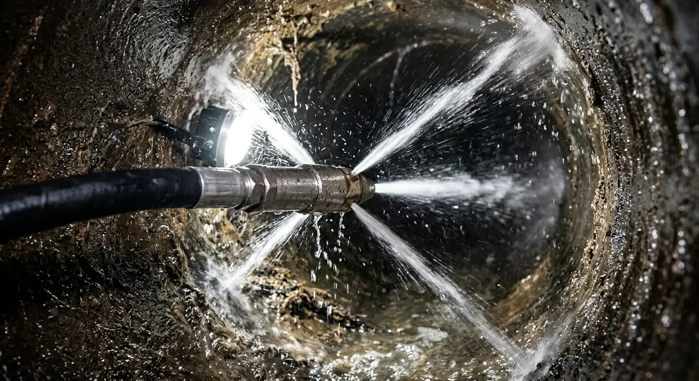 High-pressure hydro jetting nozzle cleaning sewer pipe for Emergency Drain Service in Patterson