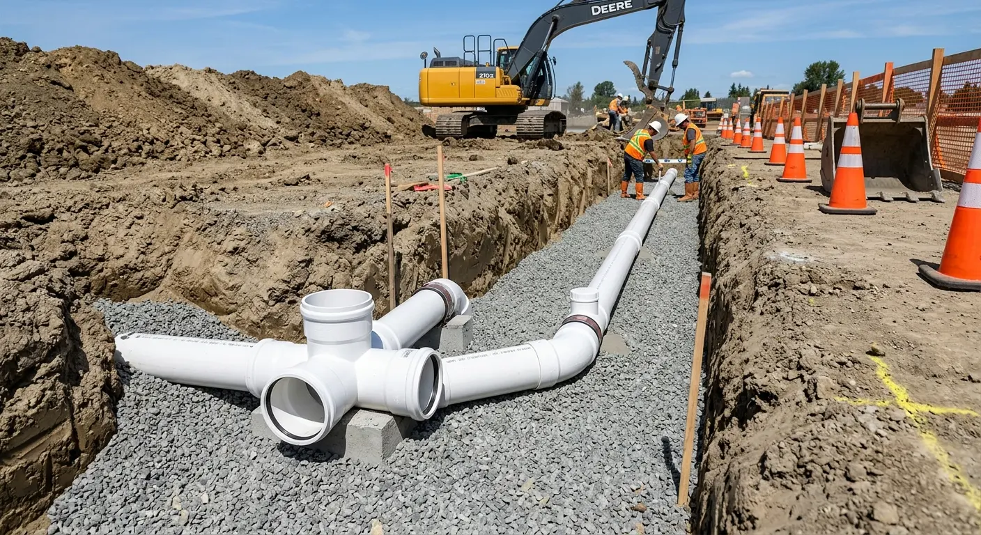 New PVC sewer pipe installation in open trench for Sewer Backup in Patterson